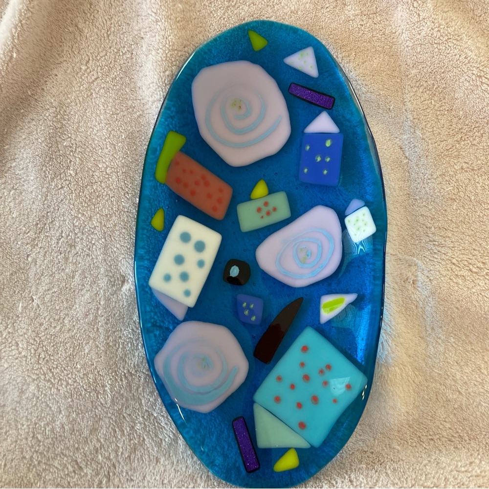 Blue Sky“ Fused Art Glass  Handmade 10.5”x5.5”Oval Aqua Bowl Original